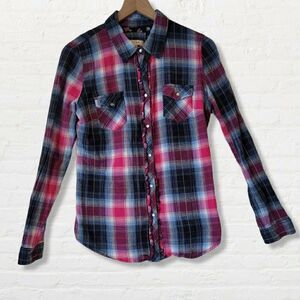 Arizona Shirt Pink and Blue Button Down with Mother of Pearl Snaps Junior Sz Lg